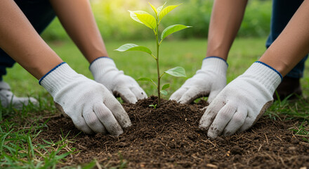 Volunteers Planting New Tree Sapling for Environmental Conservation and Growth Initiative Supporting Eco Friendly Practices and Sustainable Living Concepts