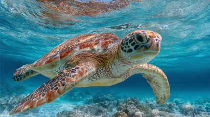 Obraz premium Majestic sea turtle gracefully glides through crystal-clear waters, a serene dance beneath the ocean's surface, coral reefs in the backdrop.