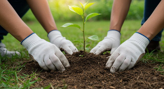 Volunteers Planting New Tree Sapling for Environmental Conservation and Growth Initiative Supporting Eco Friendly Practices and Sustainable Living Concepts
