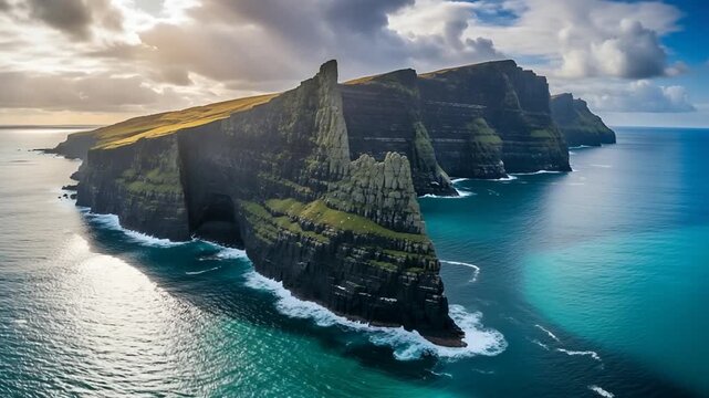 Aerial turquoise sea and rugged coastal cliffs at golden sunset.