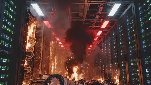 Data Center Fire Outbreak - Flames rapidly engulf a server room, with smoke billowing between the racks in a chaotic blaze.