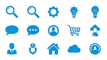 Enhance your project with these vibrant blue web icons including search, settings, speech bubble, shopping cart, and more for a modern, professional look
