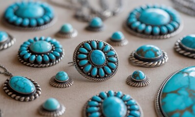 Fototapeta premium Close-up of various turquoise jewelry pieces necklaces, rings, and decorative embellishments