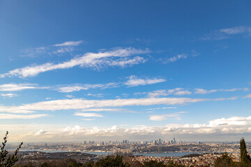 A breathtaking panorama dominated by a vast blue sky with white clouds over Istanbul, viewed from Camlica Hill, with the Bosphorus Bridge and cityscape below. Istanbul, Turkey.

