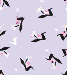 Seamless colorful floral pattern. Hand drawn flowers, herbs, leaves, branches, berries, tulip. Simple cute flat vector elements. Design for textile, cover, wallpaper