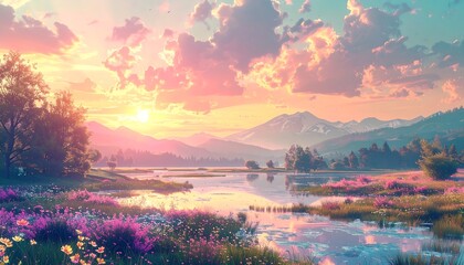A serene landscape painting featuring a vibrant pink and blue sunset over a reflective lake and distant mountains