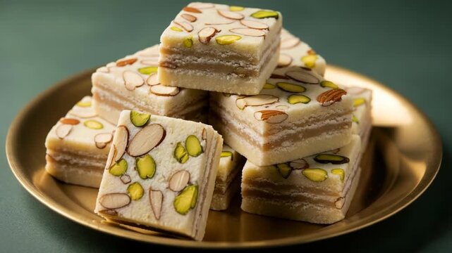 Delicious layered barfi sweet with almond and pistachio on a golden plate