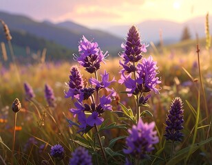 Lavender field at sunset in the mountains, a serene landscape view
