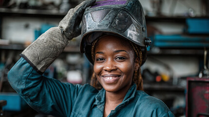 A confident female welder smiles with her welding helmet raised in a workshop, showcasing empowerment in skilled trades.