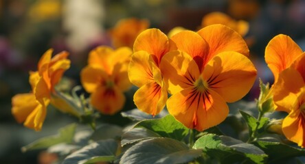 Fototapeta premium Close-up of vibrant orange and yellow flowers with dark veining and green foliage
