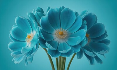 Close-up of vibrant blue flowers with yellow centers, set against a matching background