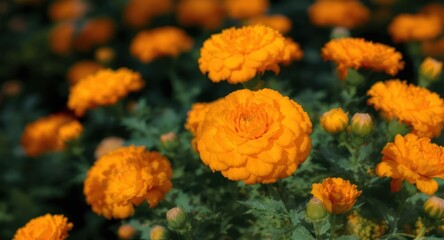 Close-up of vibrant orange blossoms with textured petals against dark green foliage