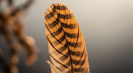 Close-up of striped, orange-brown feather against a soft, out-of-focus background