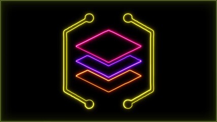 Glowing neon layered digital interface icon with glowing geometric stack representing data processing, multi-level technology.