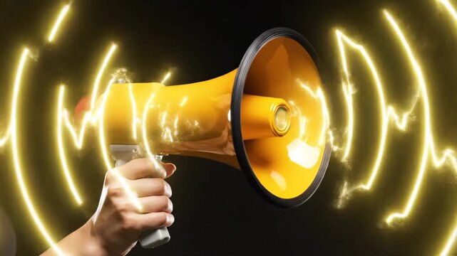 Bright Yellow Megaphone Emitting Sound Waves - A hand is gripping a bright yellow megaphone, which is emitting vibrant sound waves against a dark background.