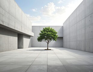Lone tree standing amidst modern concrete architecture under a tranquil sky