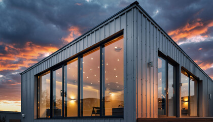 Fototapeta premium Modern architectural home featuring a striking metal facade and large panoramic windows set against a breathtaking sunset sky