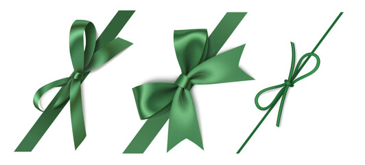 Naklejka premium Set of diagonally decorative green bow with ribbon isolated on white. Beautiful Spring or Christmas decoration holiday decoration. Vector stock illustration.