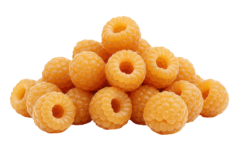 Vibrant golden raspberries intricately piled with a single focal berry, extreme macro shot on a transparent background with copy space, concept of natural freshness and healthy eating.