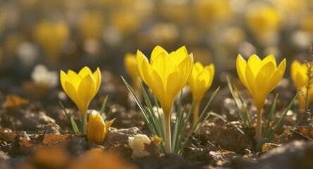 Close-up of vibrant yellow spring flowers blooming amongst fallen leaves in sunlight