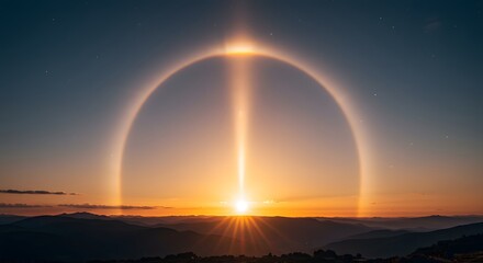 A sharp, sun pillar rising from the setting sun.