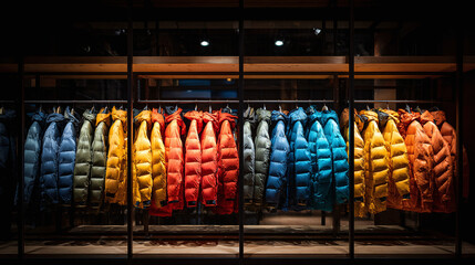 A vibrant array of insulated jackets hanging on a rack, showcasing a spectrum of colors from cool blues to warm reds and oranges.
