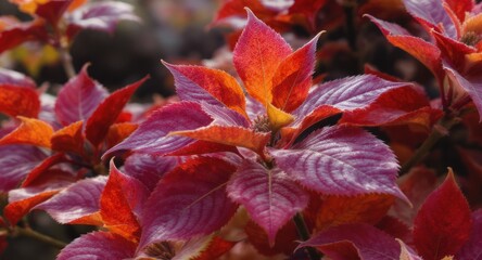 Close-up of vibrant, reddish-orange foliage in sunlight. Delicate leaf textures are visible
