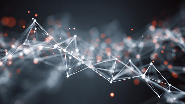 Complex network of interconnected nodes visualized as a web of lines and dots, hinting at data connections and technological advancement.