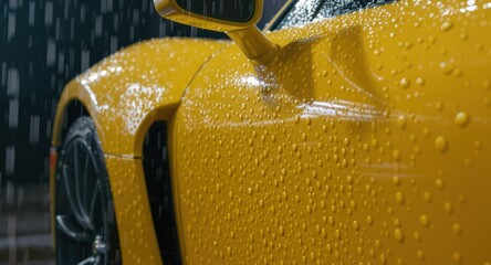 Close-up of yellow sports car in rain; body panel and wheel are prominent