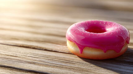 Delicious donut with a glossy pink glaze and delicate silver sprinkles, sitting on a weathered wooden table, creating a sweet treat scene.