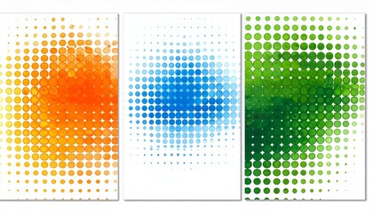 Three abstract dot-grid designs in warm, cool, and green gradients, creating depth and visual rhythm.