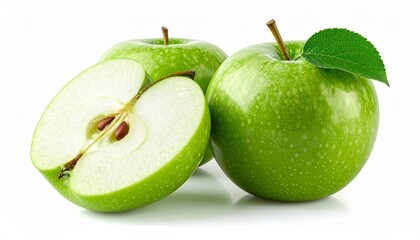 Glossy green apple with leaf on stem, isolated on white background, symbolizing freshness and health.