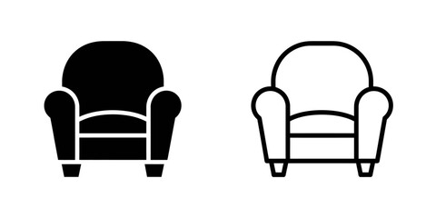 Two simplified icons of an armchair, one solid black and one outline, displayed side-by-side on a white background.