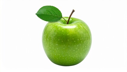 Glossy green apple with leaf on stem, isolated on white background, symbolizing freshness and health.