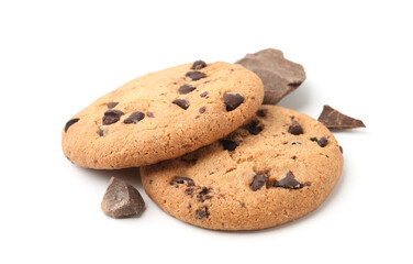 Delicious chocolate chip cookies and pieces of chocolate isolated on white