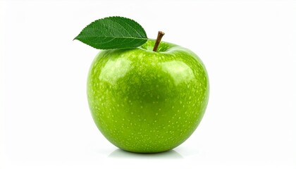 Glossy green apple with leaf on stem, isolated on white background, symbolizing freshness and health.