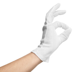 Woman in cloth glove showing okay gesture on white background, closeup