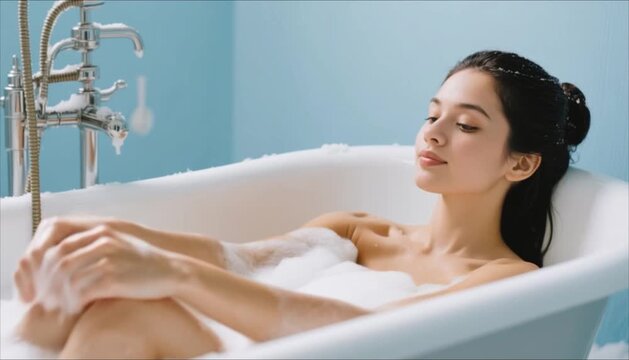 Young woman relaxing in bath with bubbles in peaceful blue bathroom  