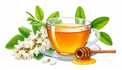 Glass cup of herbal tea with acacia flowers and a bee, symbolizing natural wellness and purity.