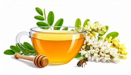 Glass cup of herbal tea with acacia flowers and a bee, symbolizing natural wellness and purity.