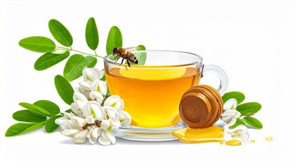 Glass cup of herbal tea with acacia flowers and a bee, symbolizing natural wellness and purity.