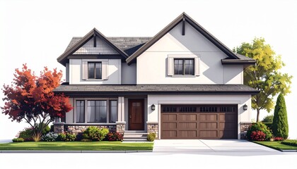 Elegant suburban house with gabled roof, stone accents, and manicured landscaping under daylight.