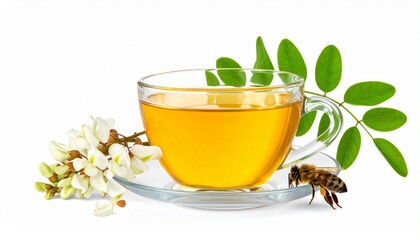 Glass cup of herbal tea with acacia flowers and a bee, symbolizing natural wellness and purity.