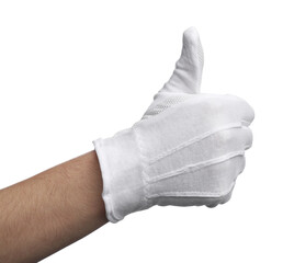 Woman in cloth glove showing thumbs up on white background, closeup