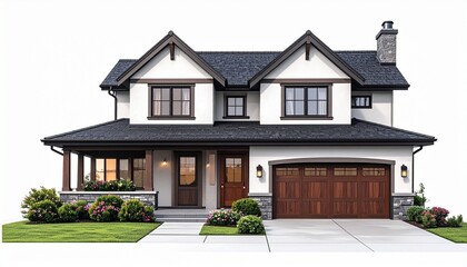 Elegant suburban house with gabled roof, stone accents, and manicured landscaping under daylight.