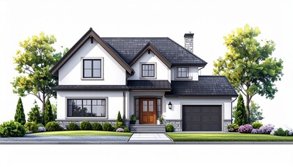 Elegant suburban house with gabled roof, stone accents, and manicured landscaping under daylight.