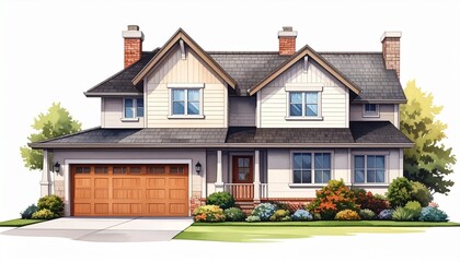 Elegant suburban house with gabled roof, stone accents, and manicured landscaping under daylight.