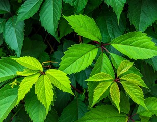 Lush green virginia creeper leaves in natural daylight create refreshing scene