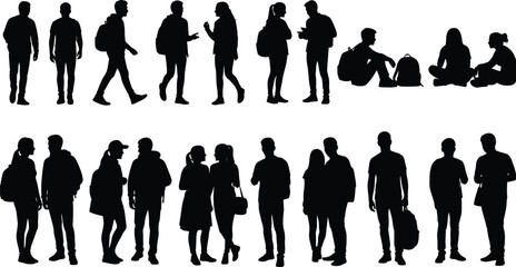 Fototapeta premium Silhouettes of diverse students and young people walking, sitting, and talking with backpacks, representing education, youth, and friendship concepts.