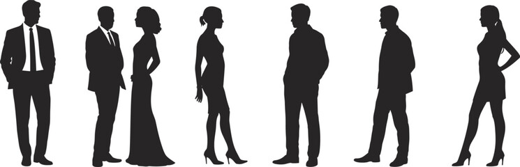 Silhouettes of Elegant Business People and Fashion Models in Formal Attire, Ready for Corporate Events and Gala Parties.
